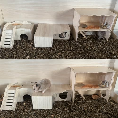 Syrian Hamster Hide with Wooden House, Climbing Ladder and Window, Detachable Hut Play/Chew/Hide