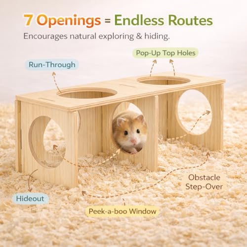 Wooden Hamster Tunnel with Multiple Holes – Natural Hideout Tube, DIY Assembly, Playground for Dwarf, Small Syrian Hamsters & Gerbils (9.5" x 3.5" x 3.5")