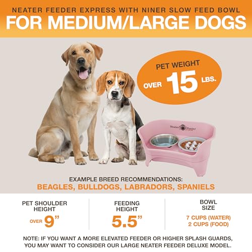 Neater Feeder Express Mess Proof Dog Bowls Elevated for Medium and Large Breed – Made in USA – No Spill Raised Slow Feeder Elevated Dog Bowl Stand, Slow Feed Food and Water Bowl Set, Pink - color: Pink, size: Medium to Large w/ 9 Peak Slow Feed Bowl