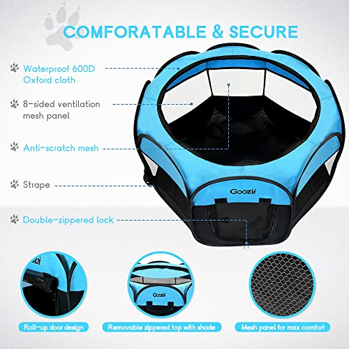 GOOZII Dog Playpen Portable Collapsible, Indoor Outdoor Pet Puppy Exercise Playpens Case with Zipper Door Top Cover Floor for Large Cat Rabbit Travel Camping (Small Size, Black/Blue) - color: Blue, style: S [29" x 29" x 17"]