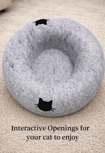 Cat Tunnel Bed - Comfort Bedz Large Donut Cave for Cats, Felt Enclosed Hideaway with Zipper, Top Perch, Interactive Toy, Washable Indoor Cat House