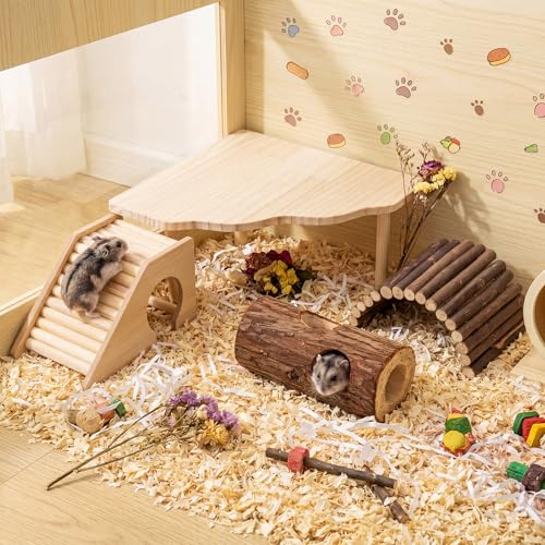 BreezeHug 4 Pcs Hamster Cage Accessories Hamster Platform Hideout Wooden Tunnel Ladder Playhouse Game Climbing Toy with Platform for Pets Dwarf Syrian Mice Degus Gerbils Squirrel(Hole) - style: Tree Hole