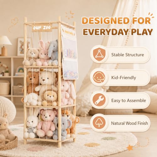 Stuffed Animal Storage Organizer, Large Wooden Zoo Toy Holder with Pockets, Plushie, Stuffy,Toy Storage for Kids Room, Playroom, Bedroom(Natural Small - size: Small