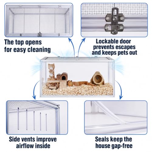 Large Hamster Cage 32x16x16 in, Acrylic Hamster Enclosure with Metal Frame | Chew-proof, Vent holes, Hinged top - size: 32 x 16 x 16 in