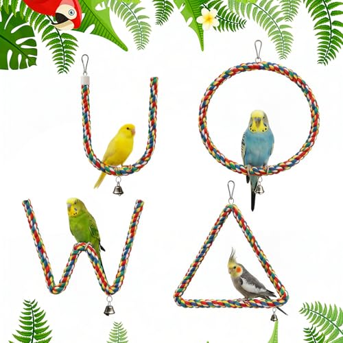 40" Bendable Cotton Bird Rope Perch Swing Set, Colorful Cage Accessories for Parrots Conures Cockatiels Lovebirds Budgerigars Parakeets