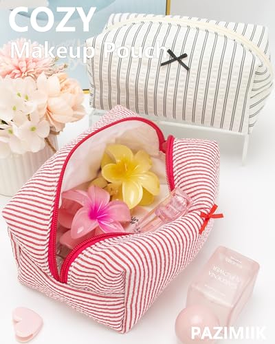 PAZIMIIK Cozy Makeup Bag for Women,Zipper Cosmetic Pouch,Stripe Red | Soft Cosmetic Organizer for Makeup,Skincare,Toiletries,Daily Beauty Essentials,Purse,On-the-Go,Bridesmaid Gifts - color: Stripe Red