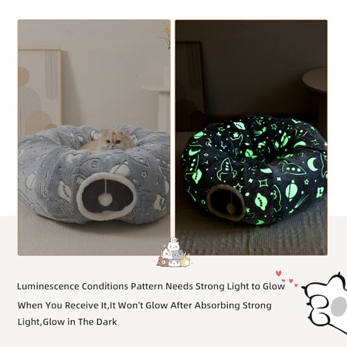 Large Cat Tunnels Bed Tube for Indoor Cats Under Christmas Tree Glows in The Dark Cat Tunnel with Cushion and Plush Ball Toy Longer Playground Toys for Dog Puppy Kitten Pet Gray - color: Gray Bed