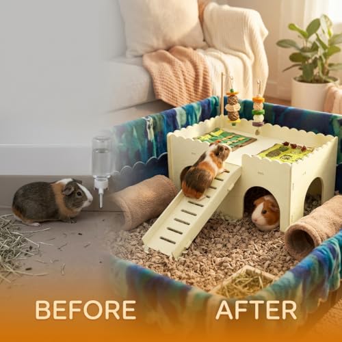 Wooden Guinea Pig House, 2-Tier Hamster Hideout with Anti-Slip Ramp, Large Small Animal House Habitat for Bunny Chinchilla Dwarf Rabbit, Tool-Free Assembly Climbing Toy Castle