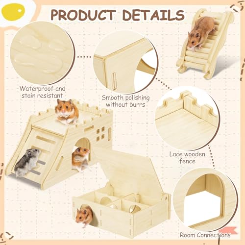 BreezeHug 4 Pcs Hamster Cage Accessories Hamster Platform Hideout Wooden Tunnel Ladder Playhouse Game Climbing Toy with Platform for Pets Dwarf Syrian Mice Degus Gerbils Squirrel(Castle) - style: Castle