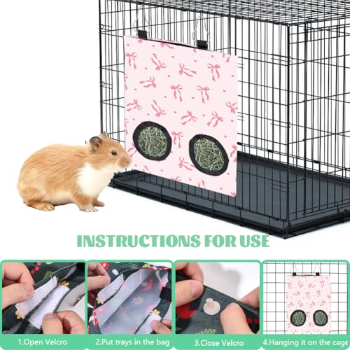 2Pcs 2 Styles Small Pet Hanging Hay Bag Pink Hay Feeder Bag with 2 Holes Bowknot Pattern Cloth Washable Rectangle Feeding Storage for Rabbit Chinchillas Hamsters Guinea Pigs 12 x 9 Inch - color: Bowknot