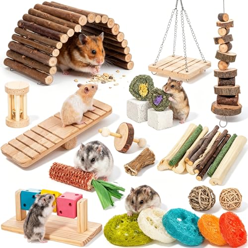 Leitee 30 Pcs Hamster Toys Set Small Animal Chew Toys Teeth Care Wooden Accessories Applewood Timothy Hay Mouse Toy Swing Seesaw Bridge for Guinea Pig, Chinchillas, Gerbils, Mice, Rats