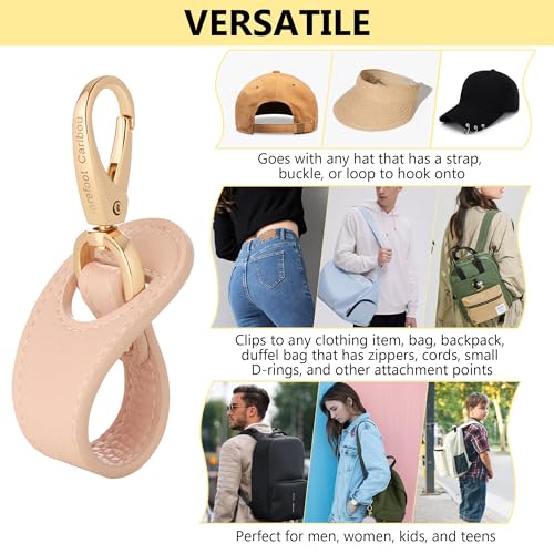 Hat Clip for Travel, Cap Holder Strap for Bags | Faux leather tab, zinc alloy clasp, fits baseball snapback and ponytail caps, mouse ear holder, hands free travel - color: Pink