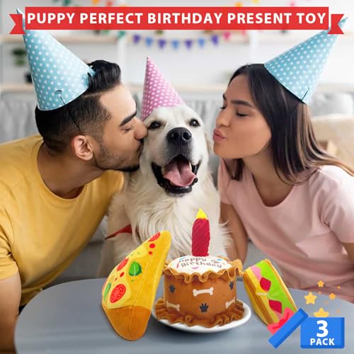 Dog Birthday Toys Set 3 Pack Cake Sandwich Pizza Plush Squeaky | Happy Barkday Gift for Small Medium Large Dogs Cuddle Interactive Chew Soft Stuffed Puppy Christmas gift with Crinkle - style: Cake Shape