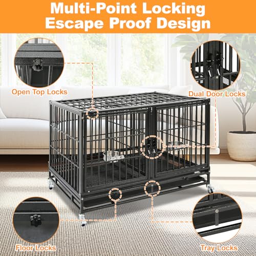 Homey Pet 43" Double Dog Crate, Heavy Duty Stackable Kennel with Divider | Drop Cage for Dogs with Dual Doors, Auto Locks, Bowls, Removable Tray, for Small & Medium Dogs, Breeders and Multi-dog Homes - size: 43.0"L x 28.0"W x 29.0"H
