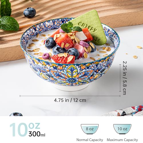 HENXFEN LEAD Boho Ceramic Dessert & Snack Bowls Set of 6, 10 oz | Assorted Patterns, Ideal for Ice Cream, Yogurt, Fruit, Nuts, Rice & Side Dishes, Microwave & Dishwasher Safe - size: 10 Oz