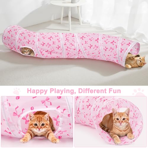 Glittme S-Shape Cat Tunnel, Foldable Cat Tunnels for Indoor Cats | Interactive Bunny Tunnel And Cat Tubes With Crinkle Sounds. Ideal For Kittens, Ferrets And Small Pets To Hide, Play Or Rest - color: Pink Bow