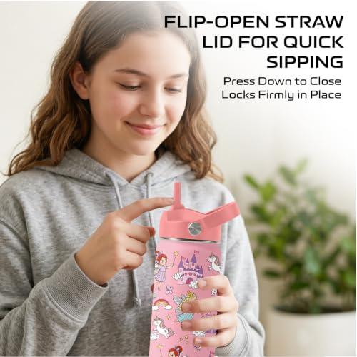 Castle 16 oz Water Bottle with Straw – Kid Stainless Steel Vacuum Insulated Cup, Leakproof Straw Lid, Reusable Travel Mug for Girls Outdoor Sports - color: Castle1