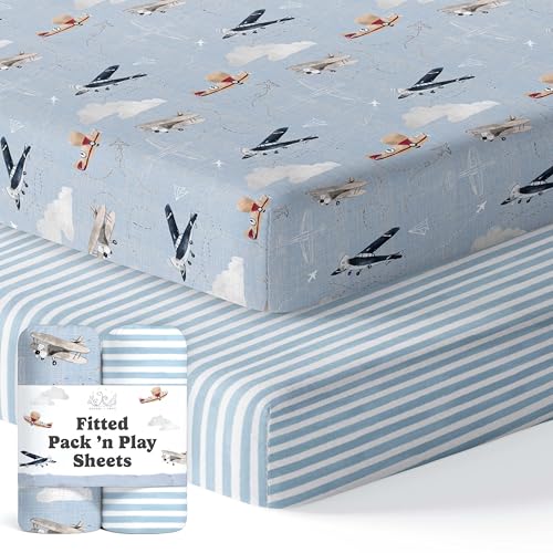 Pack and Play Sheets Fitted, Mini Crib Sheets for Graco Pack N Play Playard (38x26), Ultra Soft Cotton Blend, Safe & Snug Playpen Mattress Sheet for Baby Boys Girls, Airplane in The Clouds, 2-Pack - color: Watercolor Airplanes and Clouds