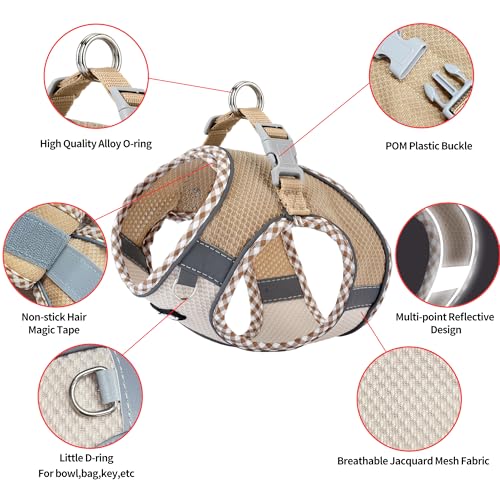 Teacup Puppy Harness with Leash - Adjustable Soft Vest with Magic Tape & Reflective Safety Strips, Easy-Put-On for Poodles, Pomeranians - Gym, Hiking, Travel (Brown-Beige, S) - color: Brown-Beige, size: S(Chest: 13.5 - 15")