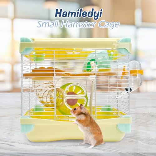 Hamiledyi Portable Hamster Cage 2 Layers Dwarf Hamster Habitat 10.90”L*8.07”W*9.84”H Small Animal Travel Cage with Exercise Wheel Hamster Enclosure Mouse Cage for Hamsters Mice Gerbils Tiny Pets - color: Yellow