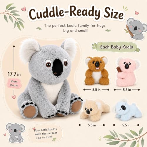 Koala Plush Toy with Babies, 17.7“ Wild Animal Stuffed Animal | Mother and Baby Plushies; Zipper Belly Storage; Hide-and-Seek Play; Soft Cuddly Companion; Christmas Birthday Gift for Kids - style: Koala Gray