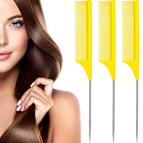 Leinuosen 3 Pack Rat Tail Comb Carbon Fiber,Yellow | Steel Pin Tail for Sectioning, Heat Resistant Teasing, Pick Comb for Women Wig Styling, Fishtail Design for Salon Updos - color: Yellow