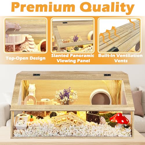 PROLEE Hamster Cage Large Chewproof, 40" x 20" x 20" Sloped Mice and Rat Habitat with Clear View, Solid Built with Lockable Design and Openable Top (White Oak) - color: White Oak