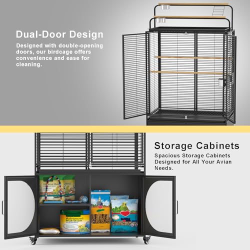 GDLF 72-Inch Parrot Bird Cage with Play Top and Storage Cabinet | Includes a UV-blocking cover, removable cleaning tray, four stainless steel bowls, perches, and lockable rolling casters