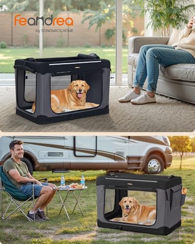 Feandrea Collapsible Dog Crate, Portable Travel Crate, 36-Inch | Oxford Fabric Pet Carrier with 4 Mesh Doors, Handles, Storage Pocket, Water Bottle Holder, UPDC019B01 - size: XL（36"L x 25"W x 25"H)