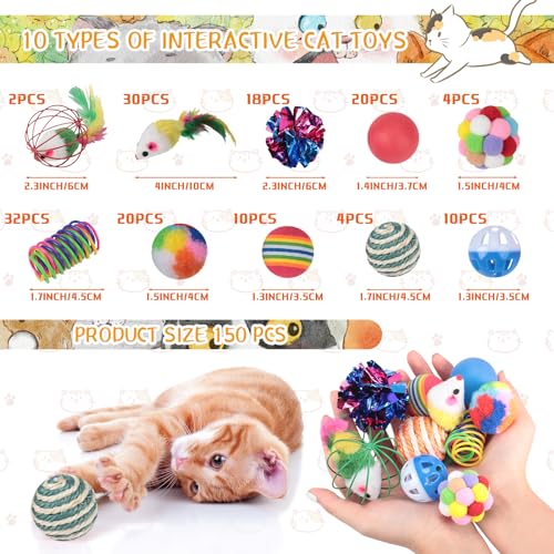 Shappy 150 Pcs Cat Toys for Indoor Cats Bulk, Kitten Toys Pack, Variety Interactive Gift Including Mice Rainbow Balls Spring Crinkle Balls Gift for Kitty Kitten Cat(Classic) - style: Classic