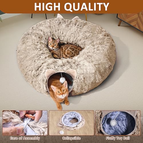 Cat Tunnel with Cat Bed for Indoor Cats, Soft Plush Peekaboo Cat Cave Donut Tunnel, Multifunctional Playground Toys Hideplace for Small Medium Large Kittens, Rabbit, Ferret, Brown - color: BROWN