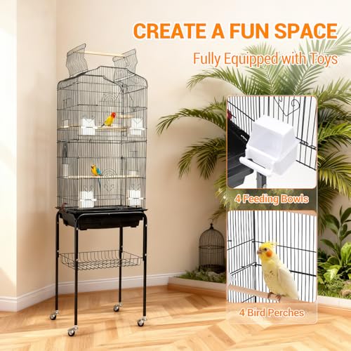 Garvee Open Top Large Parrot Bird Cage, Hanging Bird Cage with Detachable Rolling Stand and Storage Shelf, Playtop Parrot Cages Heavy-Duty Pet Birds House for Cockatiel Black