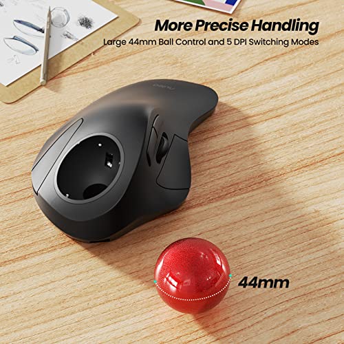 Nulea M505A Wireless Trackball Mouse Ergonomic 44mm Index Finger Control | Rechargeable rollerball mouse with 5 DPI levels, Bluetooth connection, smooth tracking, compatible with PC Mac Windows - color: A-Red