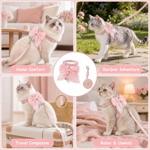 Kitten Harness and Leash Set, Escape Proof Cat Harness with Adjustable Design, Pink Bow Cat Vest Harness for Outdoor Walking, Soft Lightweight Harness for Small Cats Dogs Rabbits (Medium Size)