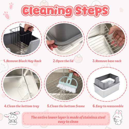 Zonon Extra Large Rabbit Litter Box, 23.6" L x 15.7" W x 12.4" H Stainless Steel Rabbit Litter Box with Lid, Hay Feeder with Hooks, Footed Metal Grid, Easy to Clean for Medium and Large Rabbits