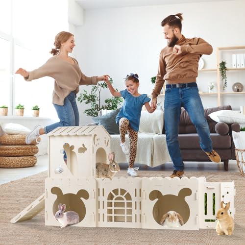 Extra Large Rabbit House, Wooden Bunny Castles with 4 Houses and Hay Feeder, Indoor Guinea Pig Castles Multistory Climbing Tower, Sturdy Wooden Bunny Cage Indoor, Small Animal Pet Rabbit Habitat - size: 4 Houses with Feeder