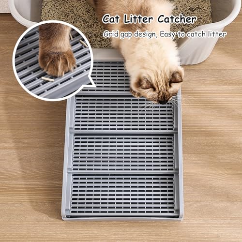 Litter Box Step Cat Ramp Litter Catcher for Cat Litter Boxes Height Adjustable Litter Mat for Small and Senior Cats Washable Water-Proof - Grey