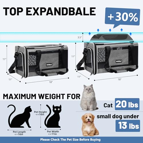 Cat Carrier Top-Expandable 18x11x11, United Delta American Airline Approved | Soft-Sided Small Dog Pet Carry Bag Under-Seat in Cabin, Puppy Airplane Travel Crate TSA Plane Under 10 lbs, Kitten Cage Grey - color: Grey