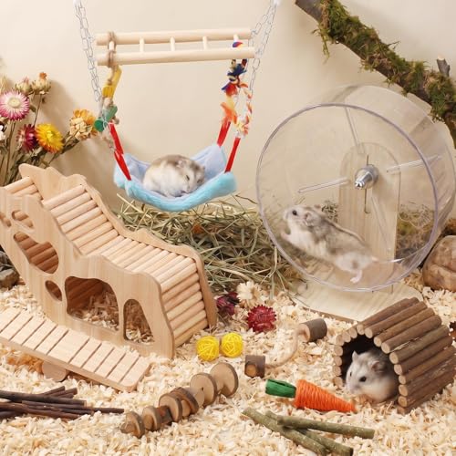 11 Pcs Hamster Cage Accessories Set, Bridge, Exercise Wheel, Swing, Chew Toys & More, Natural Wood Hamster Play Set for Dwarf Hamsters, Mice Small Animals Habitat (Maze Tunnel) - style: Maze Tunnel