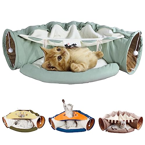 LEFTSTARER 2-in-1 Collapsible Cat Tunnel for Indoor Bed and Hideout - Pet Dog Rabbit Bunny Ferret Tunnel Tubes Toys with Removable Washable Mat, Tower Wheel Stuff - color: 1.Green
