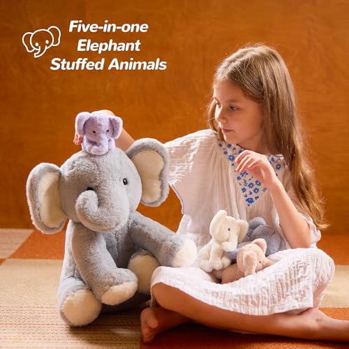 Elephant Stuffed Animals Mommy with 4 Baby Elephants Toys Gifts for Girls | Cute Stuffed Plush Toys Set for Toddlers Kids Ages 0-8+, Christmas Birthday Baby Shower Party Decor Storytime Companion Gifts - style: Elephant