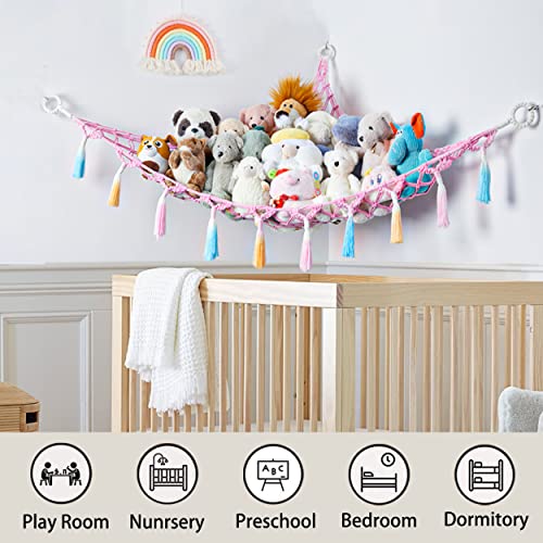 Stuffed Animal Net or Hammock with Light,Yewiwin Macrame Hanging Net Hammock for Stuffed Animal Toy Storage Organizer Boho Decor Room Holder for Nursery Play Room Bedroom (Pink) - color: Pink(42"*42"*57")