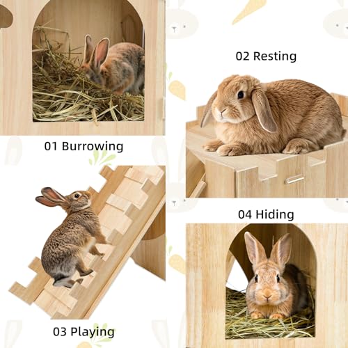 YUEPET Wooden Rabbit Castle with Ramp, Bunny Castle & Rabbit House Hideout | Large Bunny House with Ramp, Poplar Plywood Panels, Tool-Free Assembly, 16 Rubber Rings, Indoor Rabbit Hideaway - size: Rabbit Castle+Ramp
