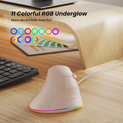 Nulea M504 Wired Vertical Mouse, USB Ergonomic Optical Mouse with 4 Adjustable DPI, 11 RGB Backlight Modes, Compatible for Laptop, PC, Desktop, Mac, Pink - color: D-Pink