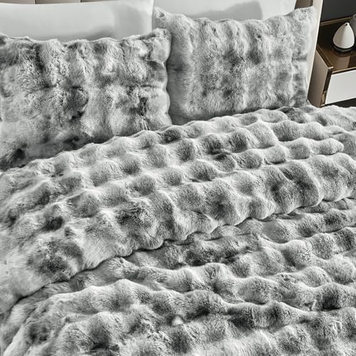 Fredsure Faux Rabbit Fur Comforter Set, 3 Pieces Tie Dye Grey King, Faux Rabbit Fur Face and Microfiber Reverse - color: Tie Dye Grey, size: King