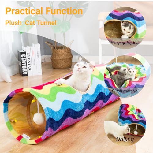 Cat Tunnel -Straight-Shaped, Rainbow Wave Color, Soft Velvet Exterior, Oxford Fabric Fog-Proof Interior, Plush Toy Ball, Easily Washable, Conveniently Foldable, 47.2in/120cm - color: Rainbow Wave, size: Straight