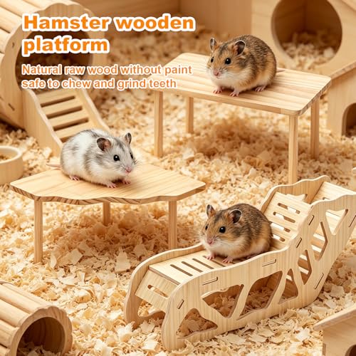 4 Pcs Hamster Platform Wooden Tunnel Ladder Hidden Play House Hamster Game Climbing Toy with Platform, Versatile Hideout & Exploration Tunnel with Ladder for Dwarf Syrian Mice Degus Gerbils Squirrel A - color: L