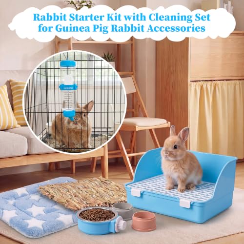 34 Pcs Rabbit Starter Kit Rabbit Litter Box Small Animal Water Bottle Cups Bunny Tunnels Animal Grooming Kit Bowl Blanket with Cleaning Set for Guinea Pig Bunny(Style 3,Light Blue) - color: Light Blue, style: Style 3