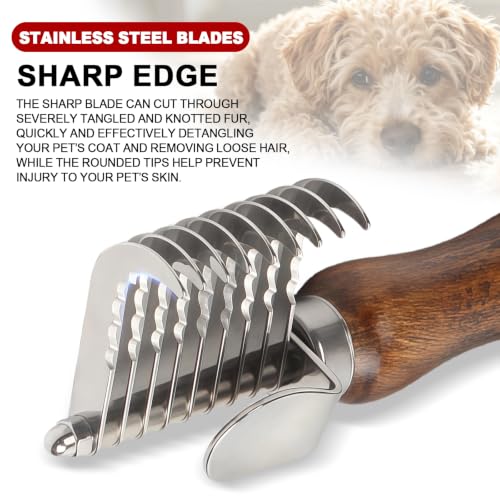 Dog Dematting Comb with Wooden Handle Undercoat Rake for Dogs | Stainless Steel Blades,Dog Dematting Rake,Pet Dematting Tool for Long Haired Dogs&Cats,Remove Loose Hair Mats Knots Tangles