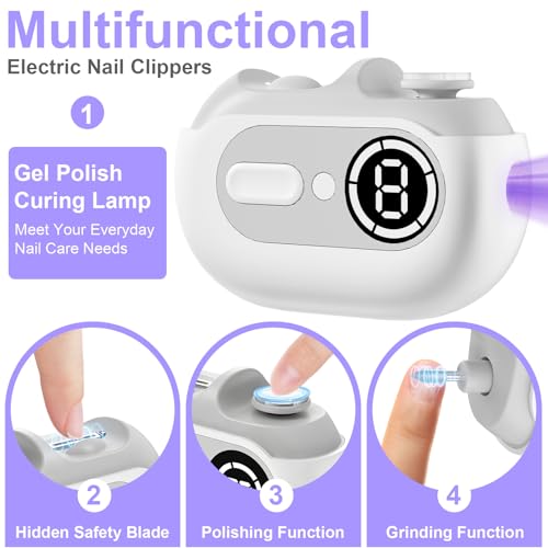 4 in 1 Electric Nail Clipper for Seniors, Automatic Nail Trimmer with Night Light & 9 Speeds Nail Polisher Fingernail Clippers for Women & Men Nail Grinder Files for Elderly - size: White
